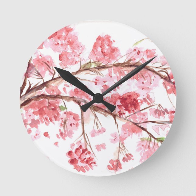 Kirschblüte Rosa Blume Blumenbemalung Runde Wanduhr (Vorderseite)