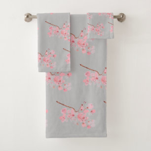 Kirschblüte Sakura Pink Floral Japanisches Grau Badhandtuch Set