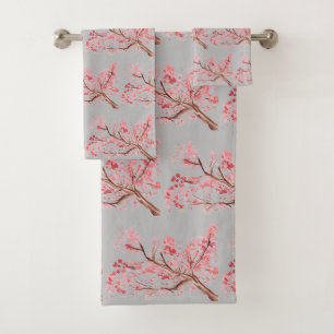 Kirschblüte Sakura Pink Floral Japanisches Grau Badhandtuch Set