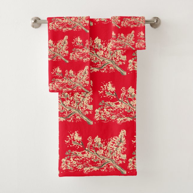 Kirschblüte Sakura Red Floral Japanisches Weiß Badhandtuch Set (Insitu)
