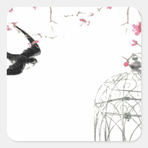 Kirschblüte, Schwalbe, Vogelkäfig Quadratischer Aufkleber