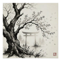 Kirschblüte & Torii-Tor — Japanische Sumi-e-Tusch