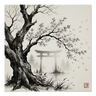 Kirschblüte & Torii-Tor —  Japanische Sumi-e-Tusch Poster