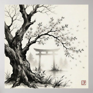 Kirschblüte & Torii-Tor —  Japanische Sumi-e-Tusch Poster