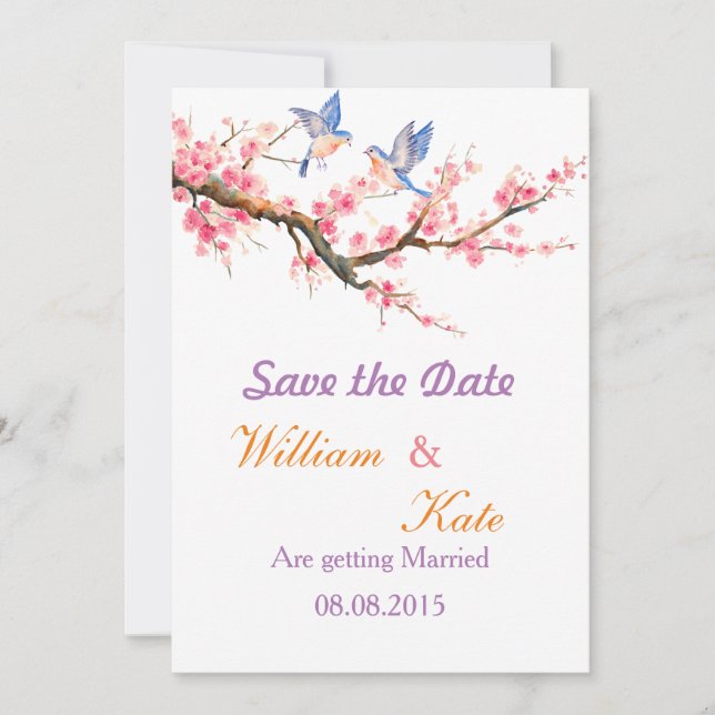 Kirschblüte und blaue Vögel Save the Date (Vorderseite)