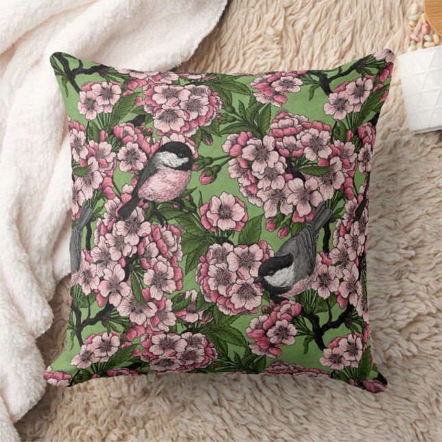 Kirschblüte und Kichererbsen auf Grün Kissen (Decke)