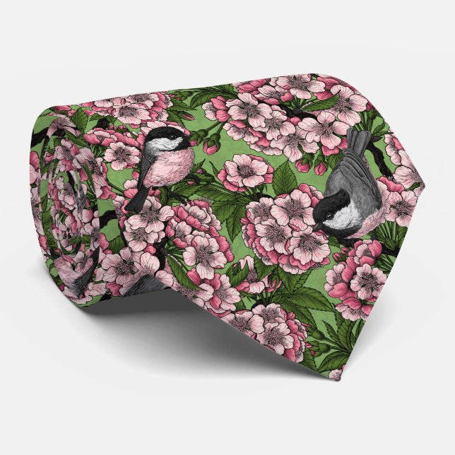 Kirschblüte und Kichererbsen auf Grün Krawatte (Gerollt)