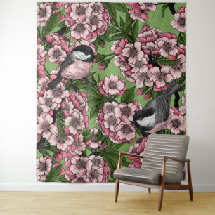 Kirschblüte und Kichererbsen auf Grün Wandteppich