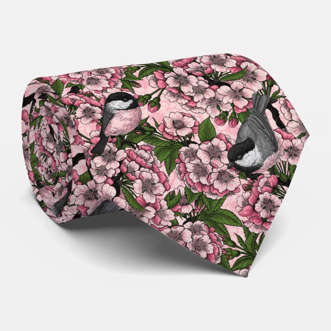 Kirschblüte und Kichererbsen auf rosa Krawatte (Gerollt)