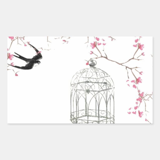 Kirschblüte, Vogel, Vogelkäfig - originell, stilvo Rechteckiger Aufkleber (Vorderseite)