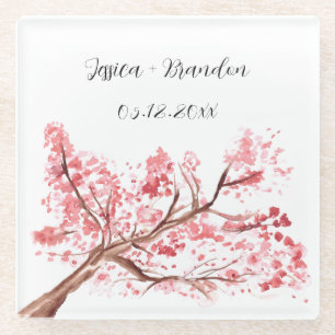 Kirschblüten-Aquarell Rosa Florale Hochzeit Glasuntersetzer