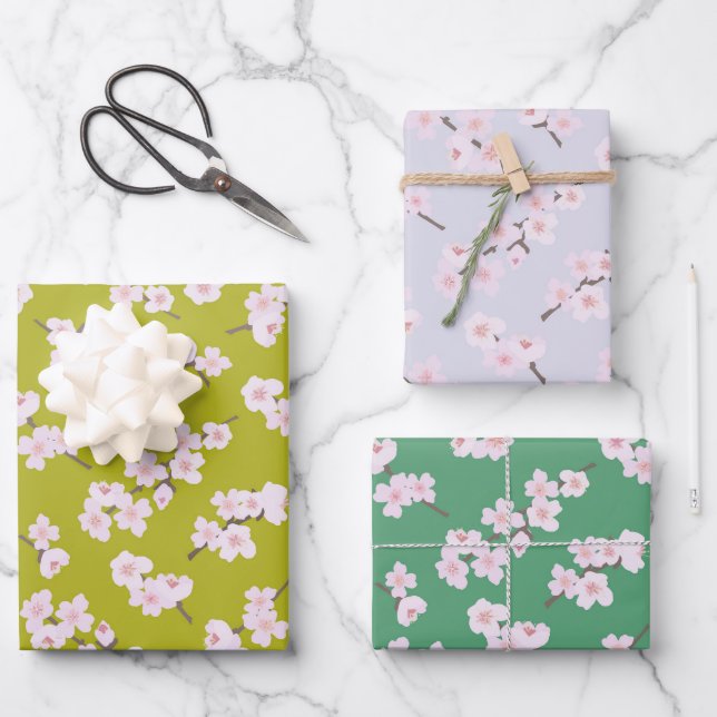 Kirschblüten auf Chartreuse, Lavendel & Green Geschenkpapier Set (Vorderseite)