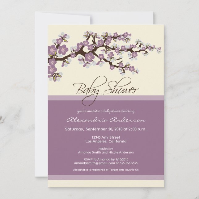 Kirschblüten-Babyparty-Einladung (Lavendel) Einladung (Vorderseite)