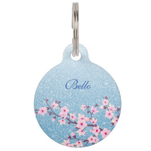 Kirschblüten Blau Glitter Name hinzufügen Haustiermarke
