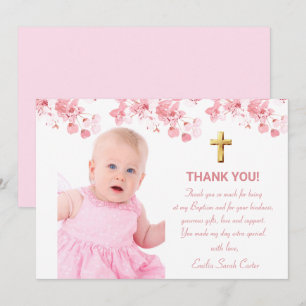 Kirschblüten-Blumen-Foto-Kreuz-Taufkleid Mädchen Dankeskarte