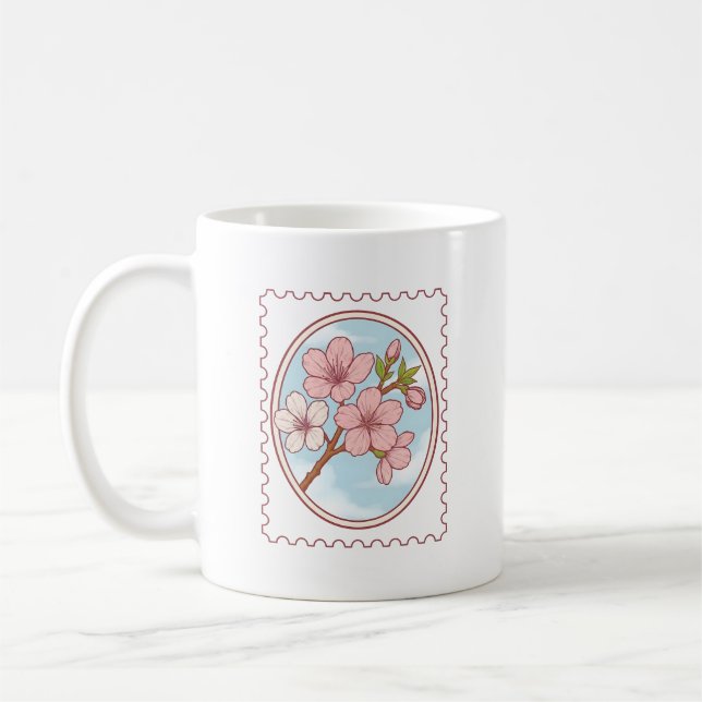 Kirschblüten-Briefmarkenillustration Kaffeetasse (Links)