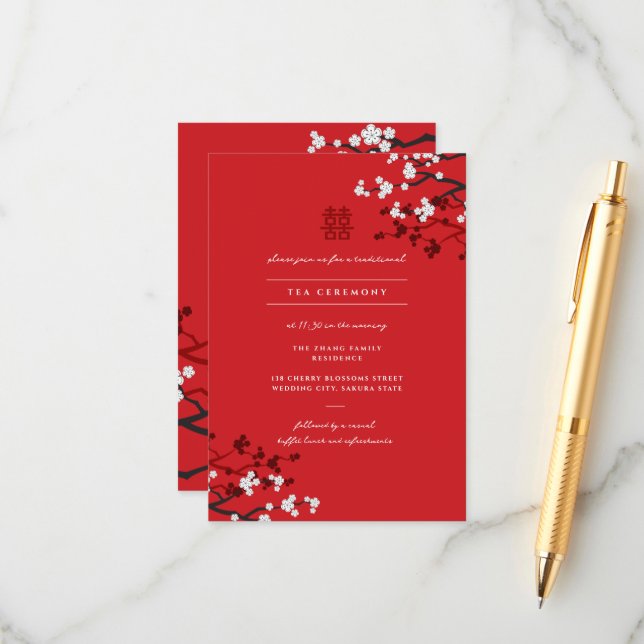 Kirschblüten & Chinesische Hochzeit mit doppeltem  Begleitkarte (Vorderseite/Rückseite Beispiel)