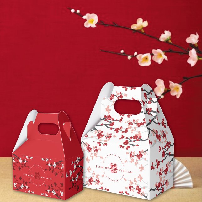 Kirschblüten & Chinesische Hochzeit mit doppeltem  Geschenkschachtel (Red/White Cherry Blossoms Double Happiness Chinese Wedding Party Favor Boxes @ fatfatin_red_knot)