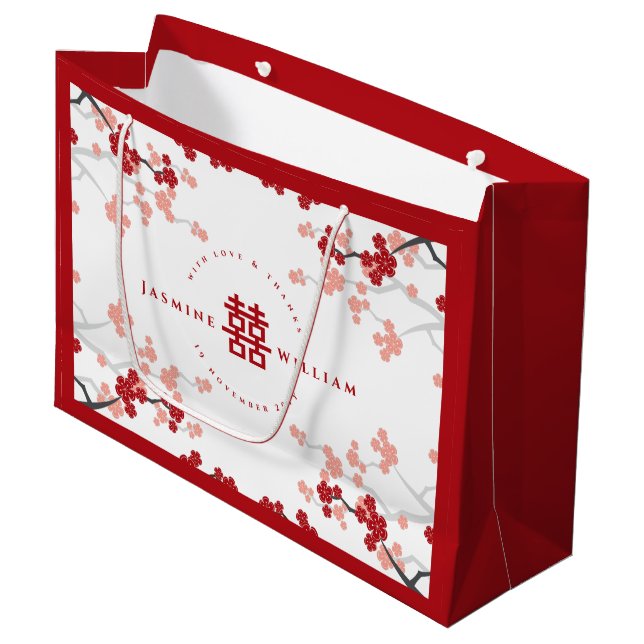 Kirschblüten & Chinesische Hochzeit mit doppeltem  Große Geschenktüte (Vorderseite Schrägansicht)