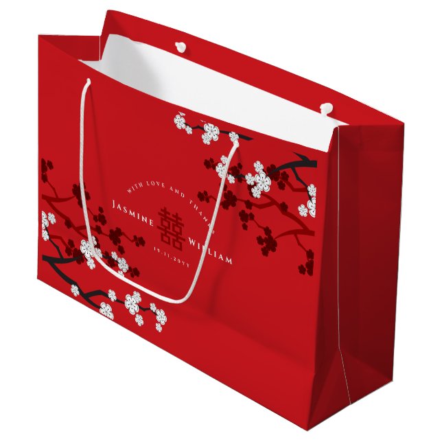 Kirschblüten & Chinesische Hochzeit mit doppeltem  Große Geschenktüte (Vorderseite Schrägansicht)