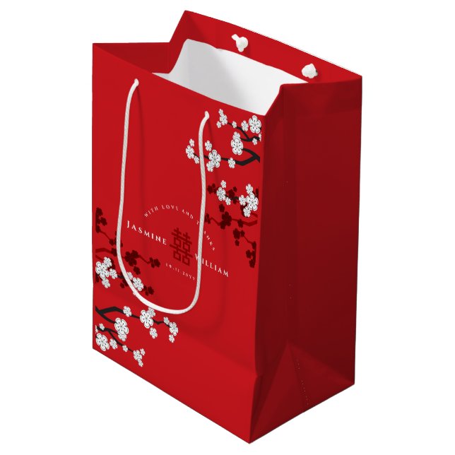 Kirschblüten & Chinesische Hochzeit mit doppeltem  Mittlere Geschenktüte (Vorderseite Schrägansicht)