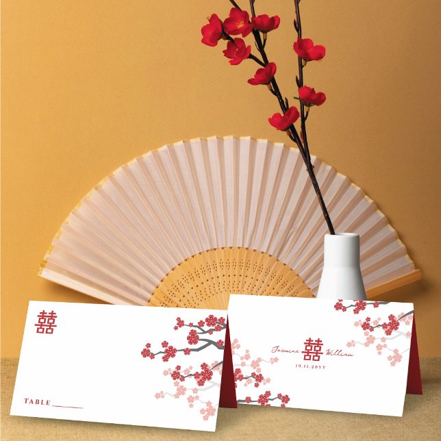 Kirschblüten & Chinesische Hochzeit mit doppeltem  Platzkarte (Red Cherry Blossoms & Double Happiness Chinese Wedding Folded Place Card @ fatfatin_red_knot)
