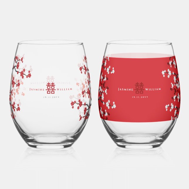 Kirschblüten & Chinesische Hochzeit mit doppeltem  Weinglas Ohne Stiel (Vorderseite)