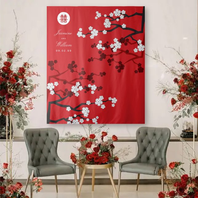 Kirschblüten Chinesisches Hochzeitrotes Foto Hinte Wandteppich (White/Red Cherry Blossoms Double Happiness, Chinese Wedding Backdrop Tapestry @ fatfatin_red_knot)