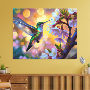 Kirschblüten-Fantasie-Sonnenaufgang Kolibri Leinwanddruck