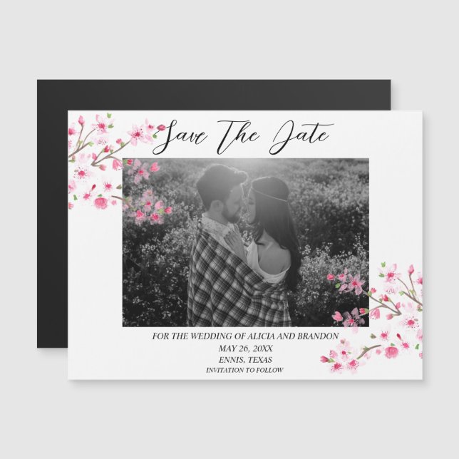 Kirschblüten-Foto-Hochzeit Frühlingsskript-Magnet Magnetkarte (Vorne/Hinten)