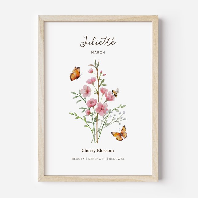 Kirschblüten-Geburtsmonats-Blumenposter Poster (Example of cherry blossom birth flower poster once framed. )