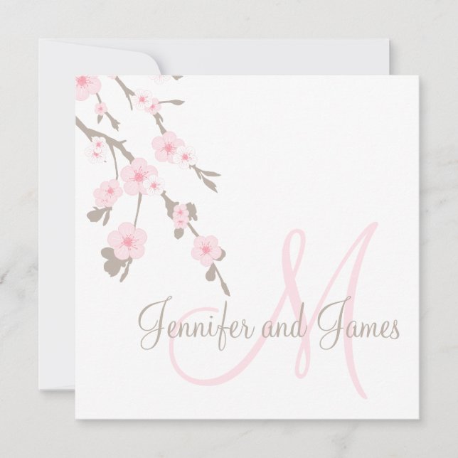 Kirschblüten-Hochzeitseinladung mit Monogramm auf  Einladung (Vorderseite)
