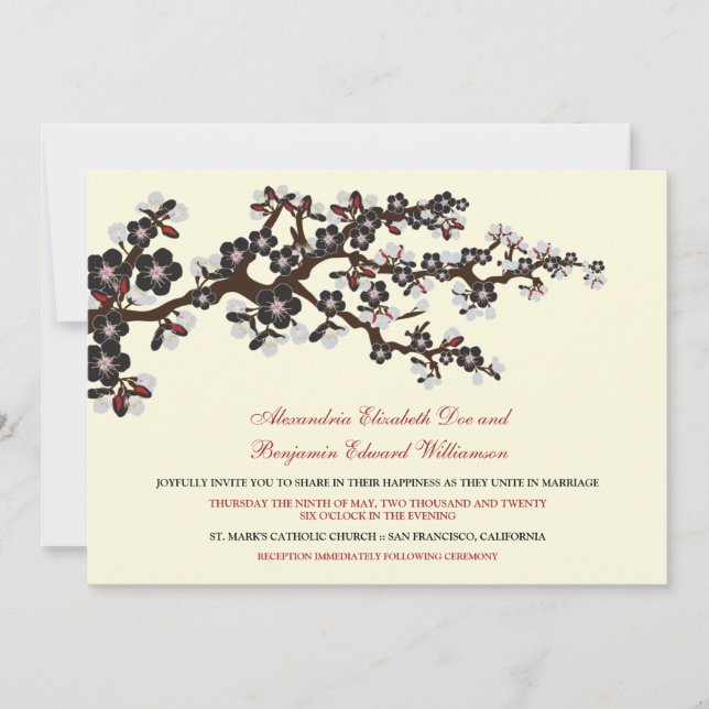 Kirschblüten Hochzeitseinladung (schwarz) Einladung (Vorderseite)