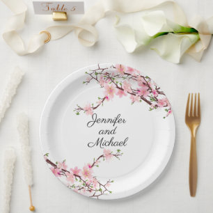 Kirschblüten Hochzeitsempfang Name personalisieren Pappteller
