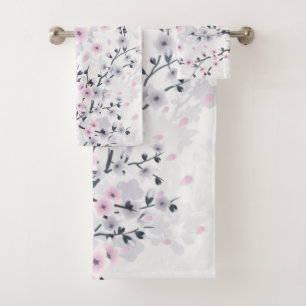 Kirschblüten-Illustrative Dusty Pink Mauve Badhandtuch Set
