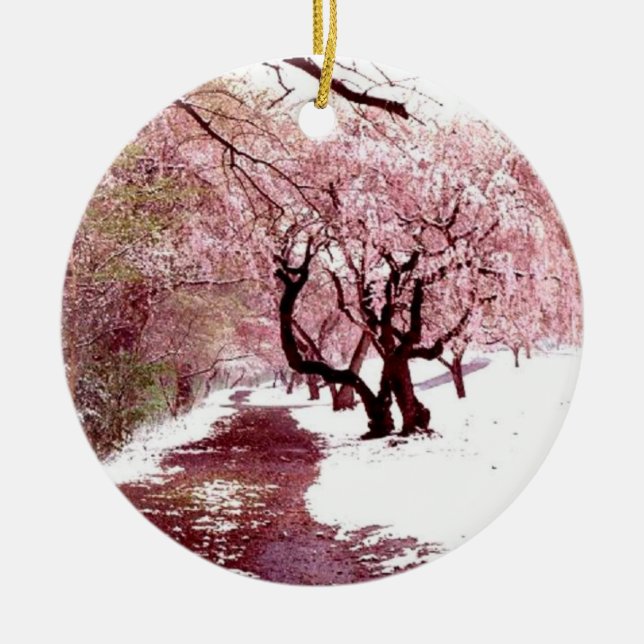 Kirschblüten in der Schnee-Verzierung Keramikornament (Vorne)