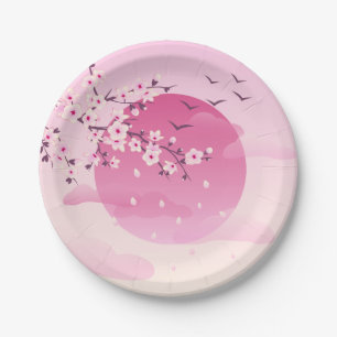 Kirschblüten Japanische Landschaft Rosa Pappteller