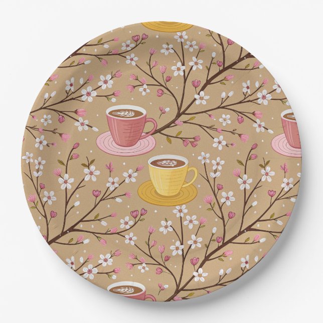 Kirschblüten-Kaffeebecher-Cozy-Muster (4) Pappteller (Vorderseite)