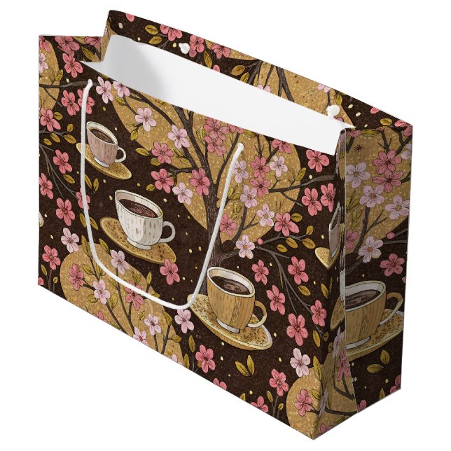 Kirschblüten-Kaffeekissen-Muster (8) Große Geschenktüte (Vorderseite Schrägansicht)