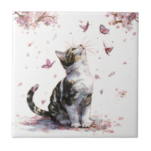 Kirschblüten-Katze und Schmetterlinge (10) Fliese