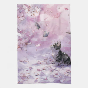 Kirschblüten-Katze und Schmetterlinge (5) Geschirrtuch