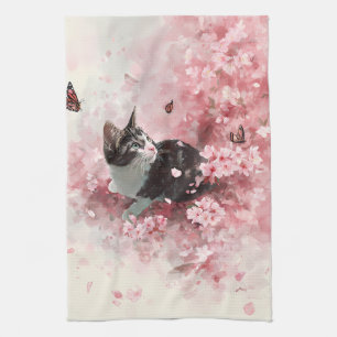 Kirschblüten-Katze und Schmetterlinge (8) Geschirrtuch
