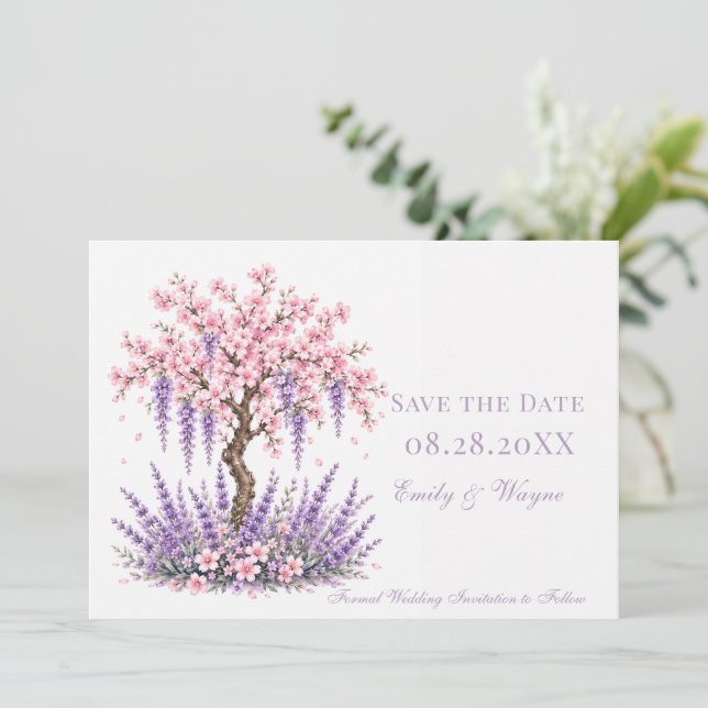 Kirschblüten-Lavendel-Baum-Hochzeit Save The Date (Stehend Vorderseite)