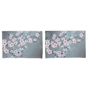 Kirschblüten Mattrosa Schieferblau Floral Kissenbezug