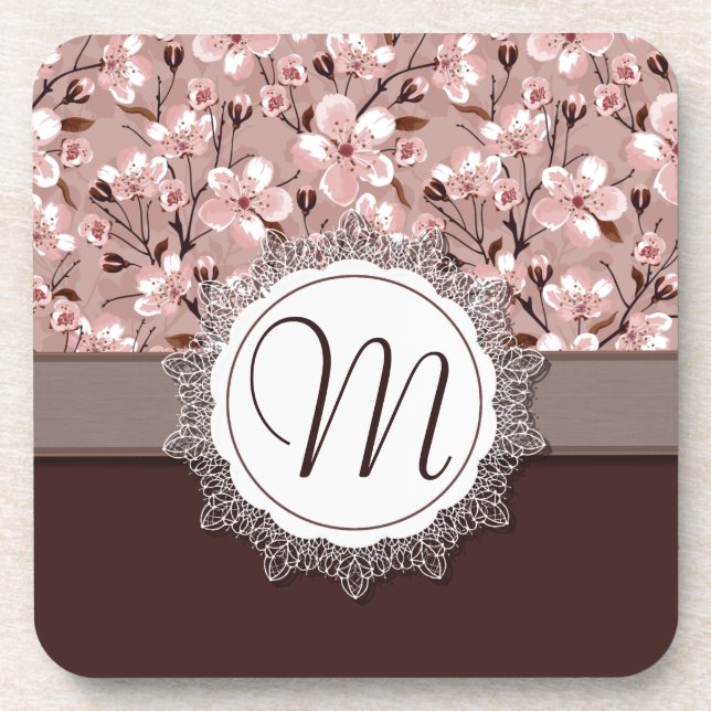 Kirschblüten mit Spitze-Monogramm Untersetzer (Vorderseite)