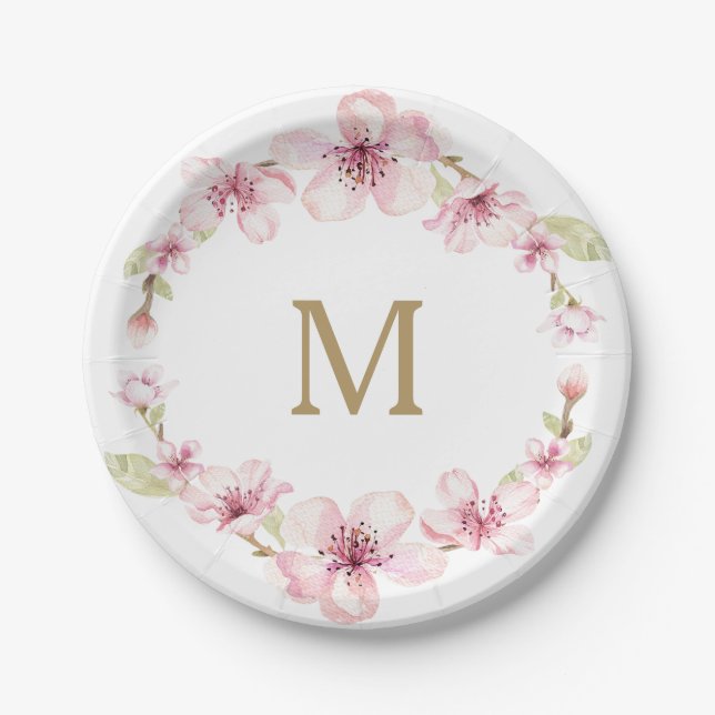 Kirschblüten-Monogramm-Papierteller Pappteller (Vorderseite)