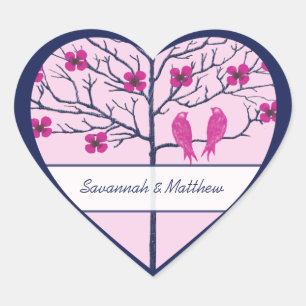 Kirschblüten Navy & Fuchsia Love Birds Herz-Aufkleber