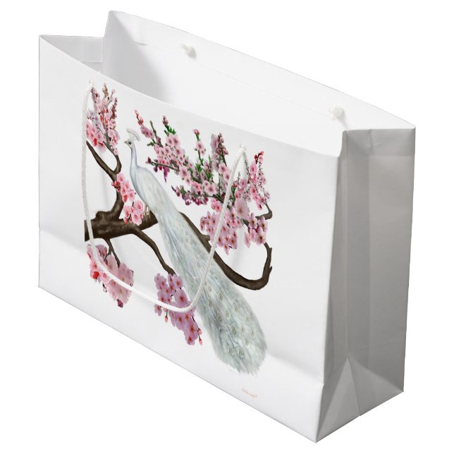 Kirschblüten-Pfau Große Geschenktüte (Vorderseite Schrägansicht)