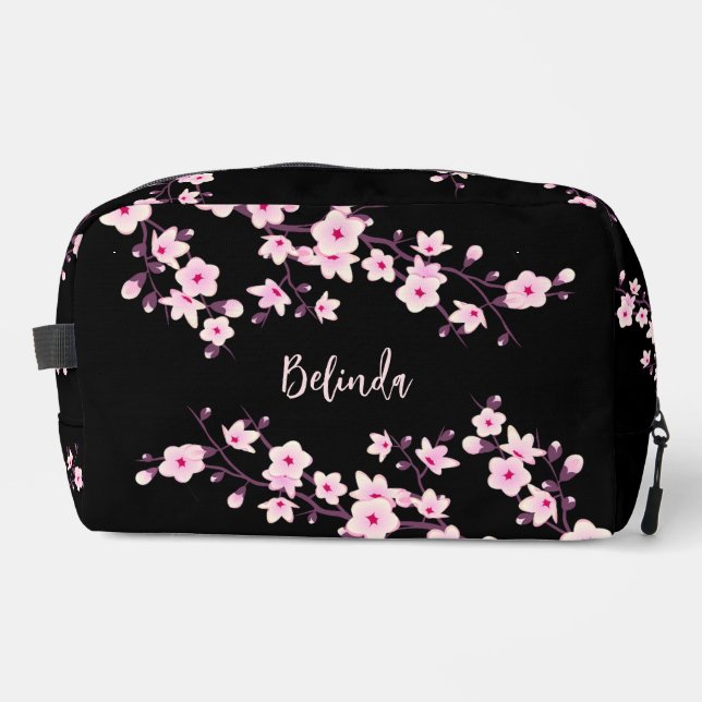 Kirschblüten-Pink-Schwarzes Monogramm Waschbeutel (Vorderseite)