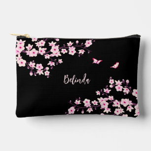 Kirschblüten-Pink-Schwarzes Monogramm Zubehörtasche